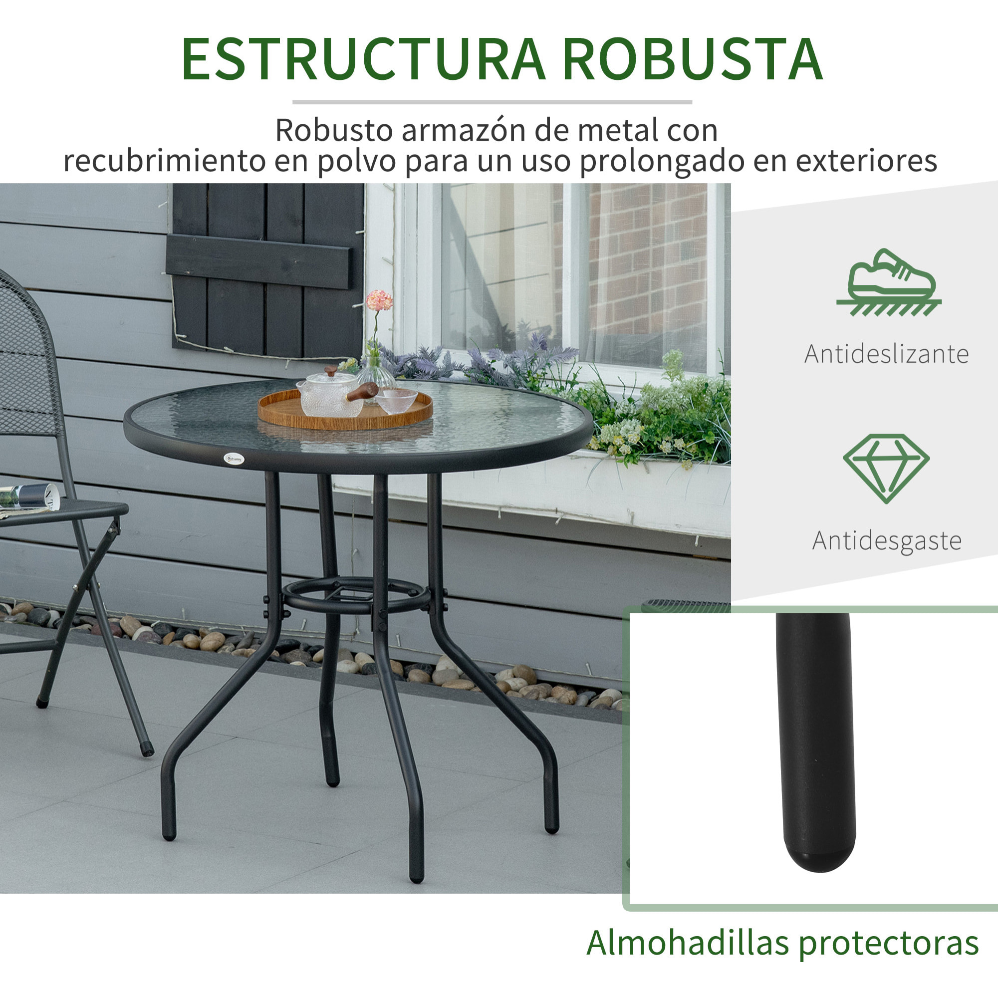 Outsunny Mesa de Jardín Redonda Mesa de Exterior Ø80x72 cm con Agujero para Sombrilla y Encimera de Vidrio Templado para Patio Terraza Negro