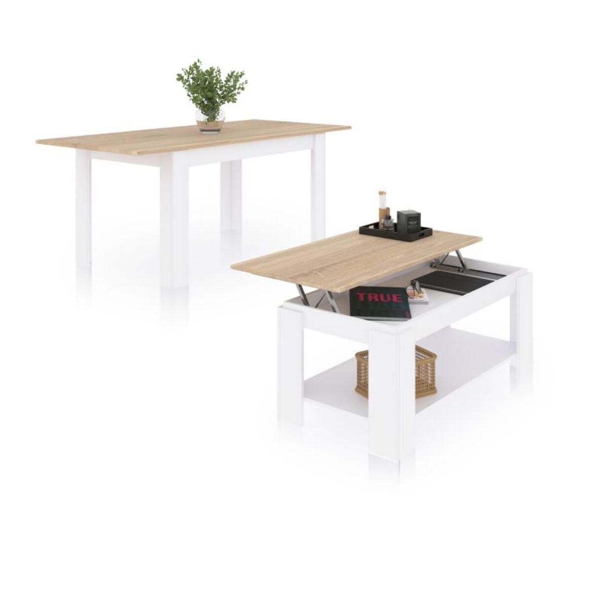 Pack mesa de comedor 140 y mesa de centro Lya Blanco Artik (Blanco Mate) - Roble Canadian