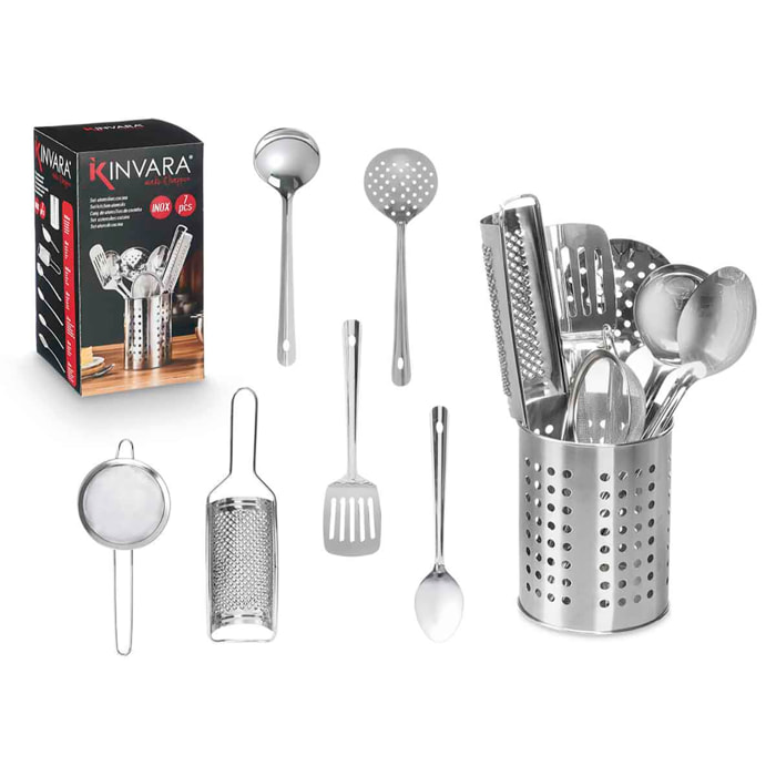 Set di 7 utensili da cucina in acciaio inossidabile.