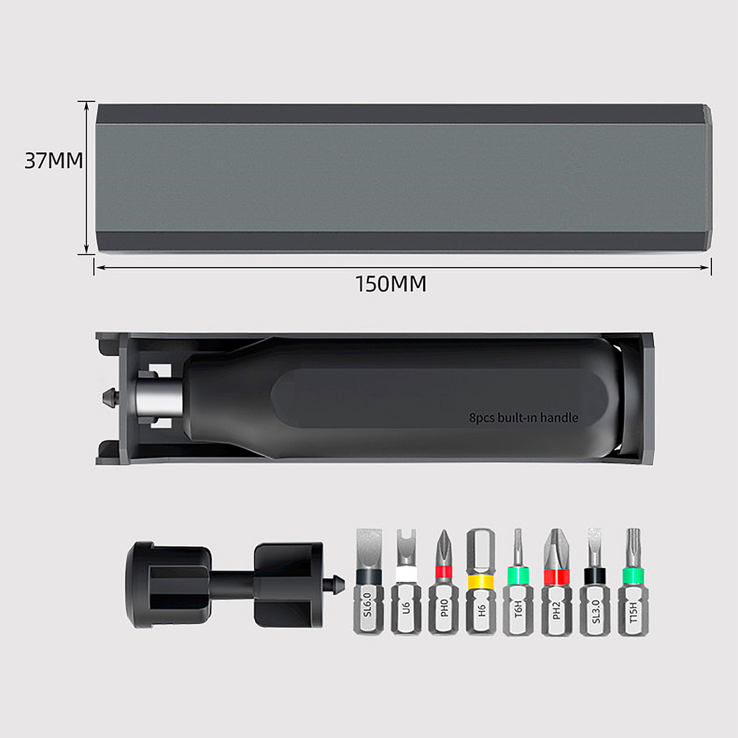 Destornillador multifunción 8 en 1 con carcasa de aluminio puntas magnéticas y compartimento trasero para puntas.