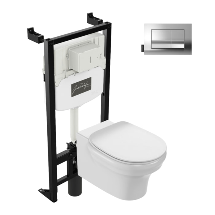 Pack WC suspendu sans bride Cléo 1889 + abattant frein de chute déclipsable + bâti support mur + plaque chromée