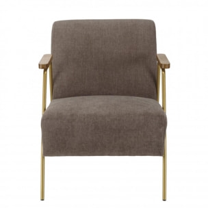 ALBANE - Fauteuil lounge tissu taupe métal doré accoudoirs bois