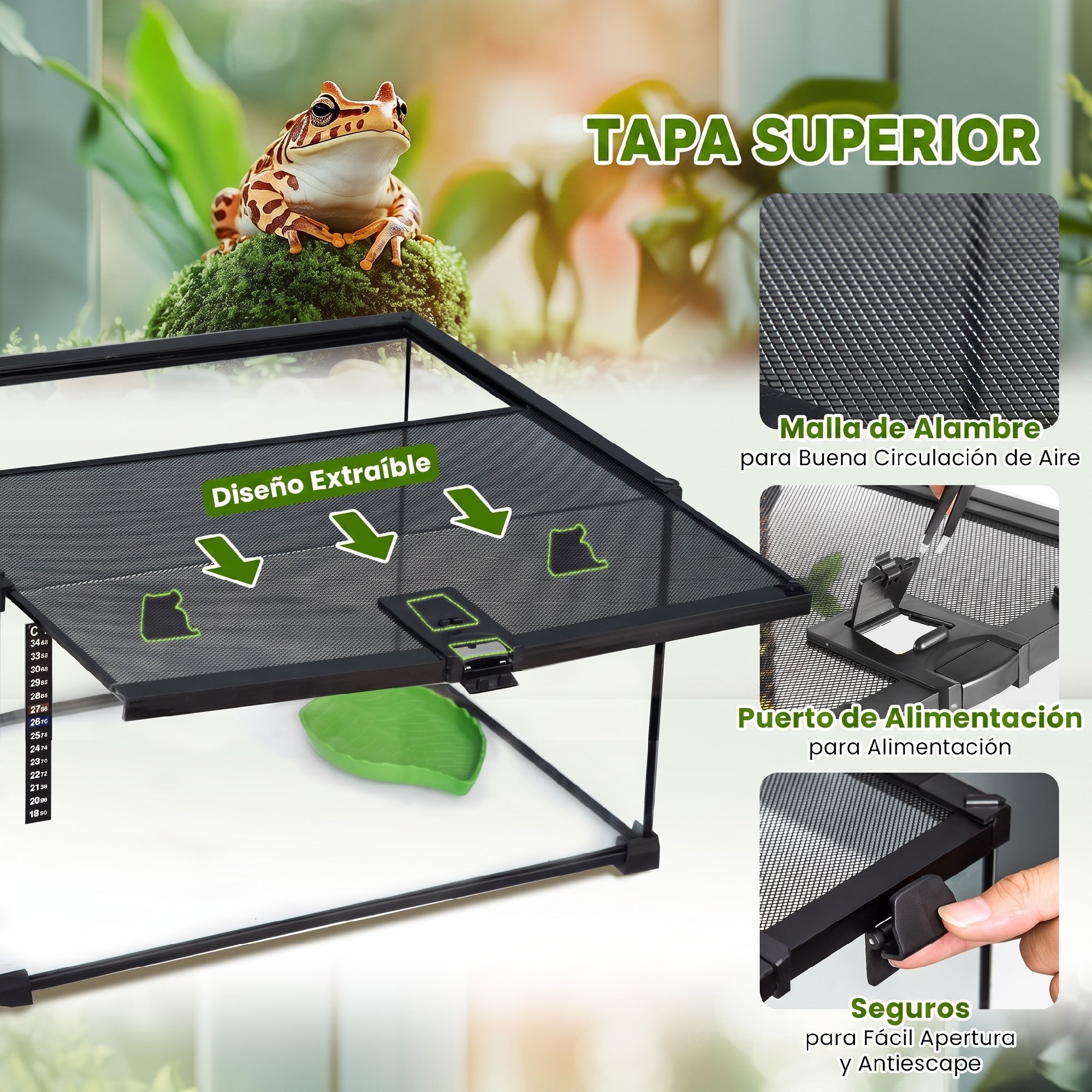 PawHut Terrario para Reptiles de Vidrio Templado con Termómetro, Cuenco de Agua, Vista Completa, Ventilación, Terrario para Lagartos, Ranas Cornudas, Serpientes, Arañas, 50x30x25 cm, Negro