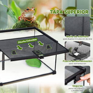 PawHut Terrario para Reptiles de Vidrio Templado con Termómetro, Cuenco de Agua, Vista Completa, Ventilación, Terrario para Lagartos, Ranas Cornudas, Serpientes, Arañas, 50x30x25 cm, Negro