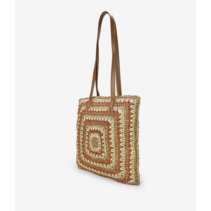 Bolso de playa marrón con cuadros en rafia