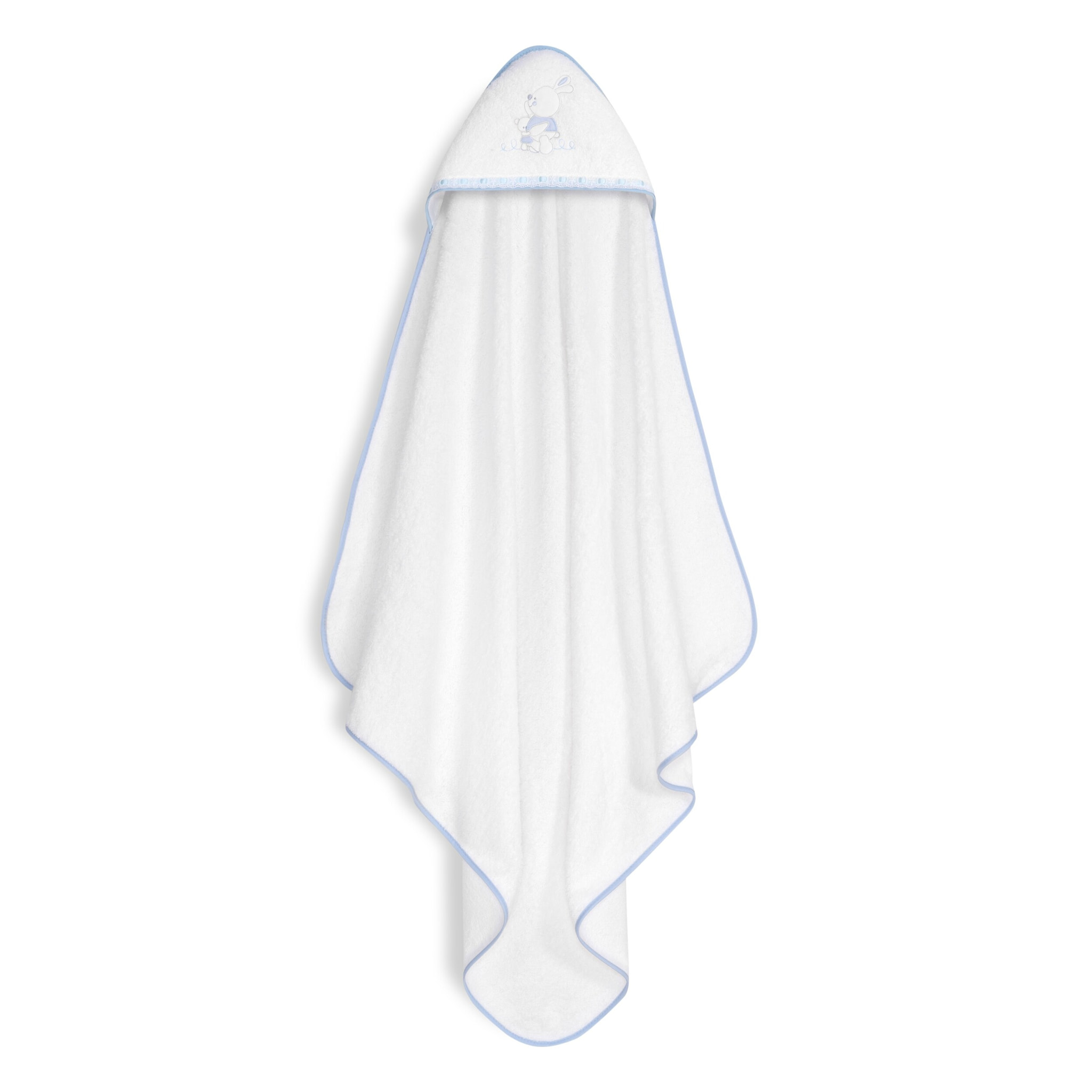 Capa Baño 1X1 Mod Conejitos Abrazos Pasacinta + Gorro Bco/Azul
