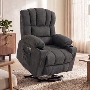 Sillón Relax Reclinable Eléctrico Levanta Personas Mayores con 8 Puntos Masaje Vibratorio y Calor, Sillón Elevador, Asiento Ancho, USB-C, USB-A, Bolsillos, Portavasos, Reposapiés, de Rizo Negro