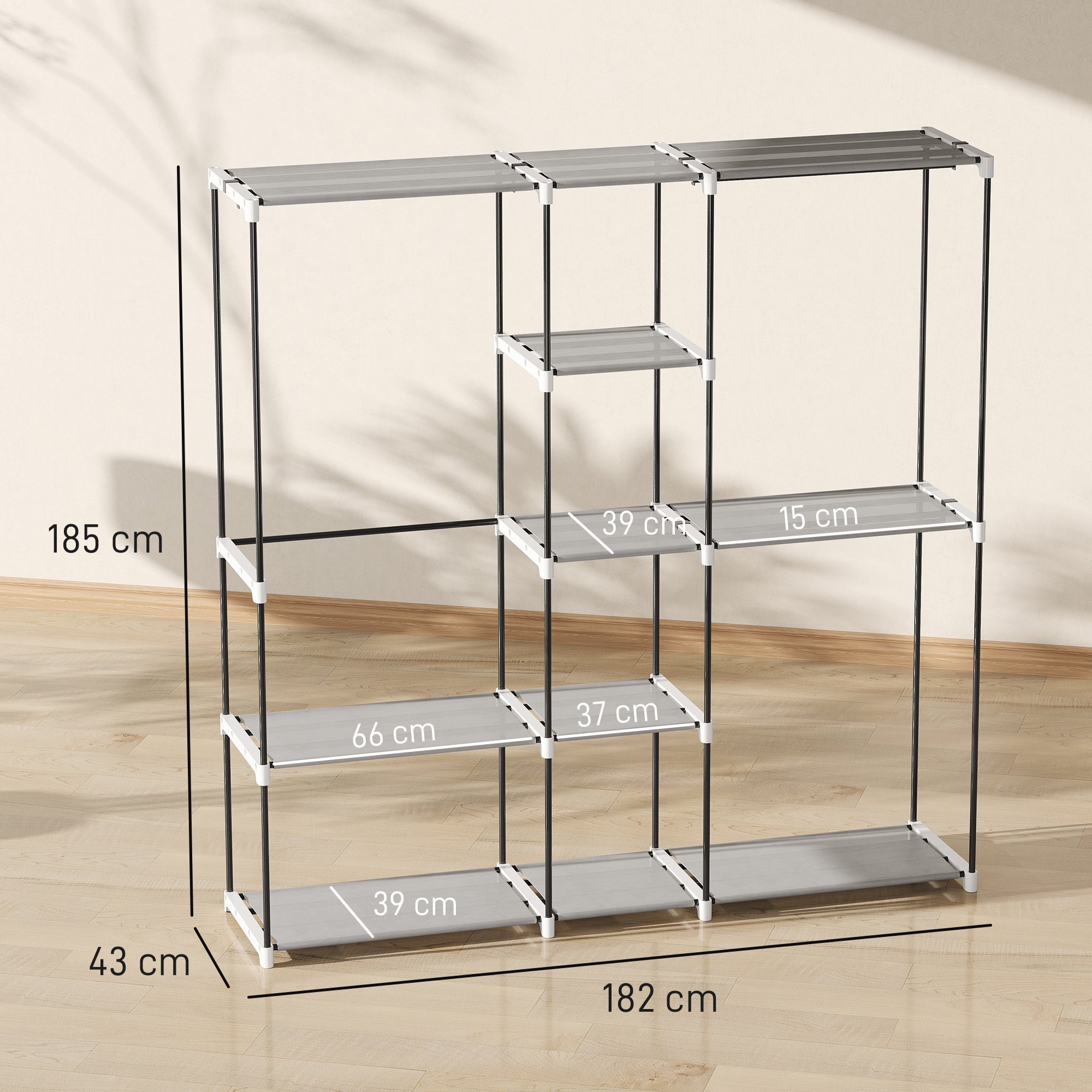 Armario de Ropa, Perchero, 182x43x185 cm, Armario Abierto con 8 Estantes de Tela, Barras para Colgar, Marco de Metal, para Dormitorio, Salón, Vestidor, Gris Claro