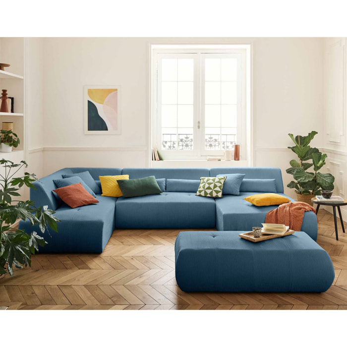 Onyx - canapé panoramique modulable d'angle gauche 7 places - en velours côtelé - Bleu