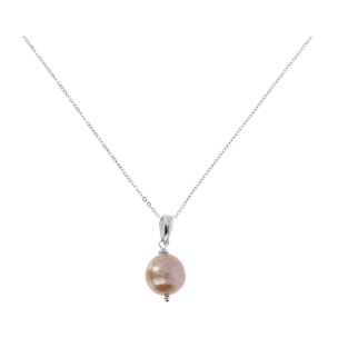 Collana Lunga Catena Brillantina e Pendente in Perle Ming d'Acqua Dolce Rosa Ø 12/13 mm in Argento 925 placcato Oro bianco 18Kt