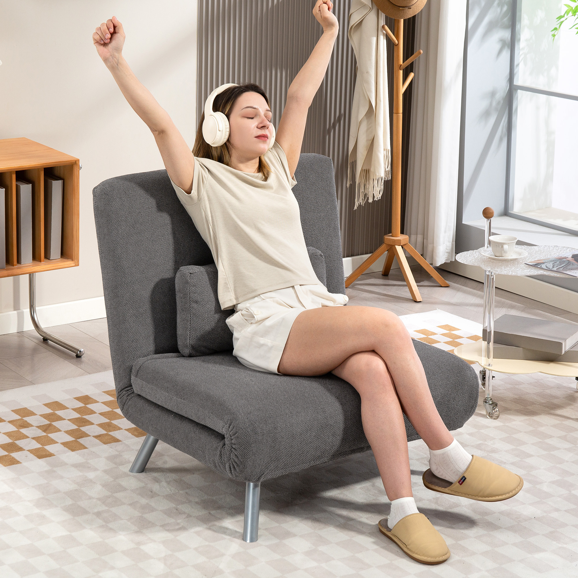 Sofá Cama de 1 Plazas 3 en 1 Sillón Cama Plegable Tapizado en Chenilla con Respaldo Ajustable de 5 Niveles y Almohada Acolchada para Oficina Dormitorio Salón 80x75x83 cm Negro