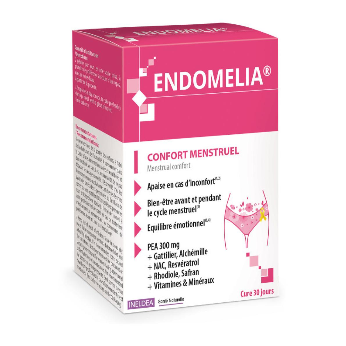 INELDEA SANTE NATURELLE - Endomelia - Complément alimentaire à base de PEA, NAC, Resvératrol, Plantes, Vitamines & Minéraux - Favorise le confort menstruel - Cure 30j