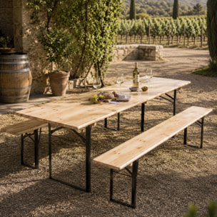 Set Birreria Completo Tavolo Con 2 Panche In Legno Naturale Gambe Pieghevoli Bar Pub Giardino Fiera Picnic Camping Campeggio Feste Sagre 200x70x75 Cm