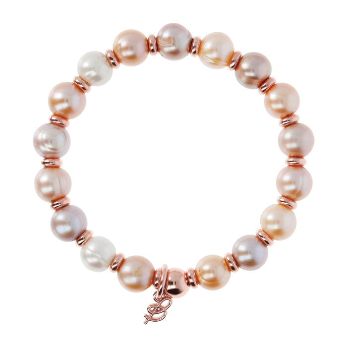 Bracciale Stretch con Rondelle e Perle d'Acqua Dolce Multicolore Ø9/10mm Placcato Oro Rosa 18kt