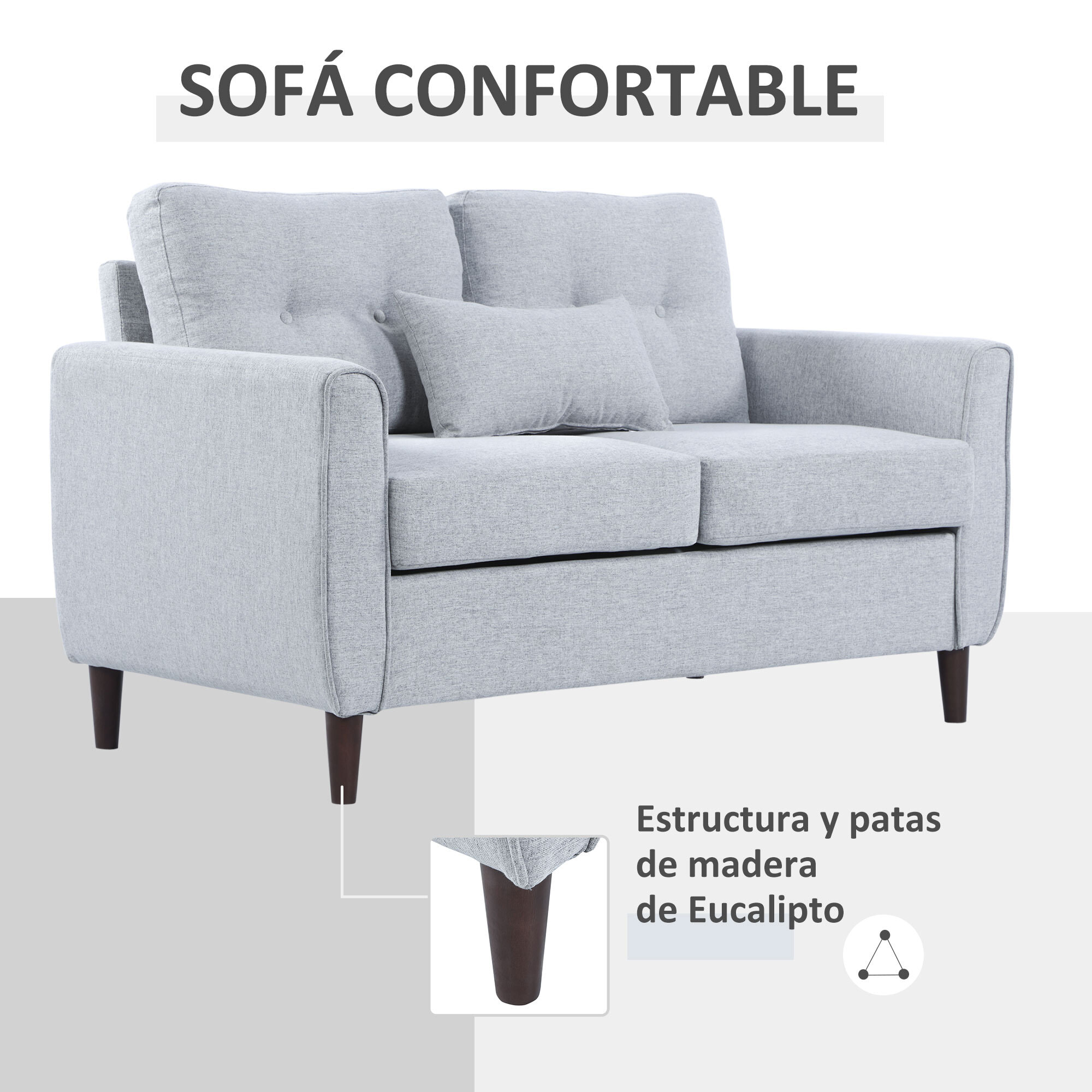 Sofá 2 Plazas de Lino, Espuma, Eucalipto 140x78x83 cm Gris