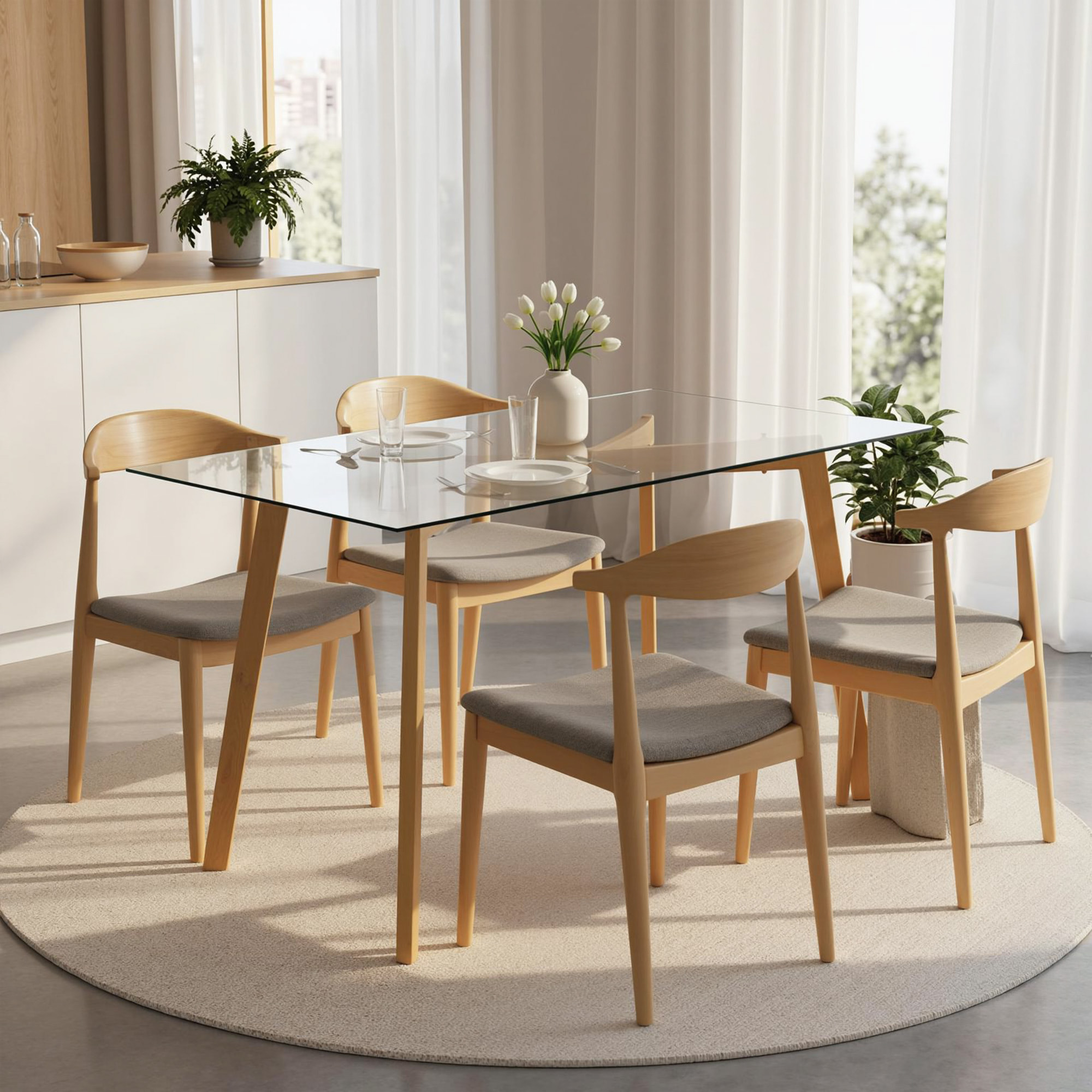 Mesa de Comedor Rectangular, Mesa de Cocina Moderna para 6 Personas con Patas de Acero y Superficie de Vidrio Templado, 150x75x76 cm, Transparente y Madera Natural
