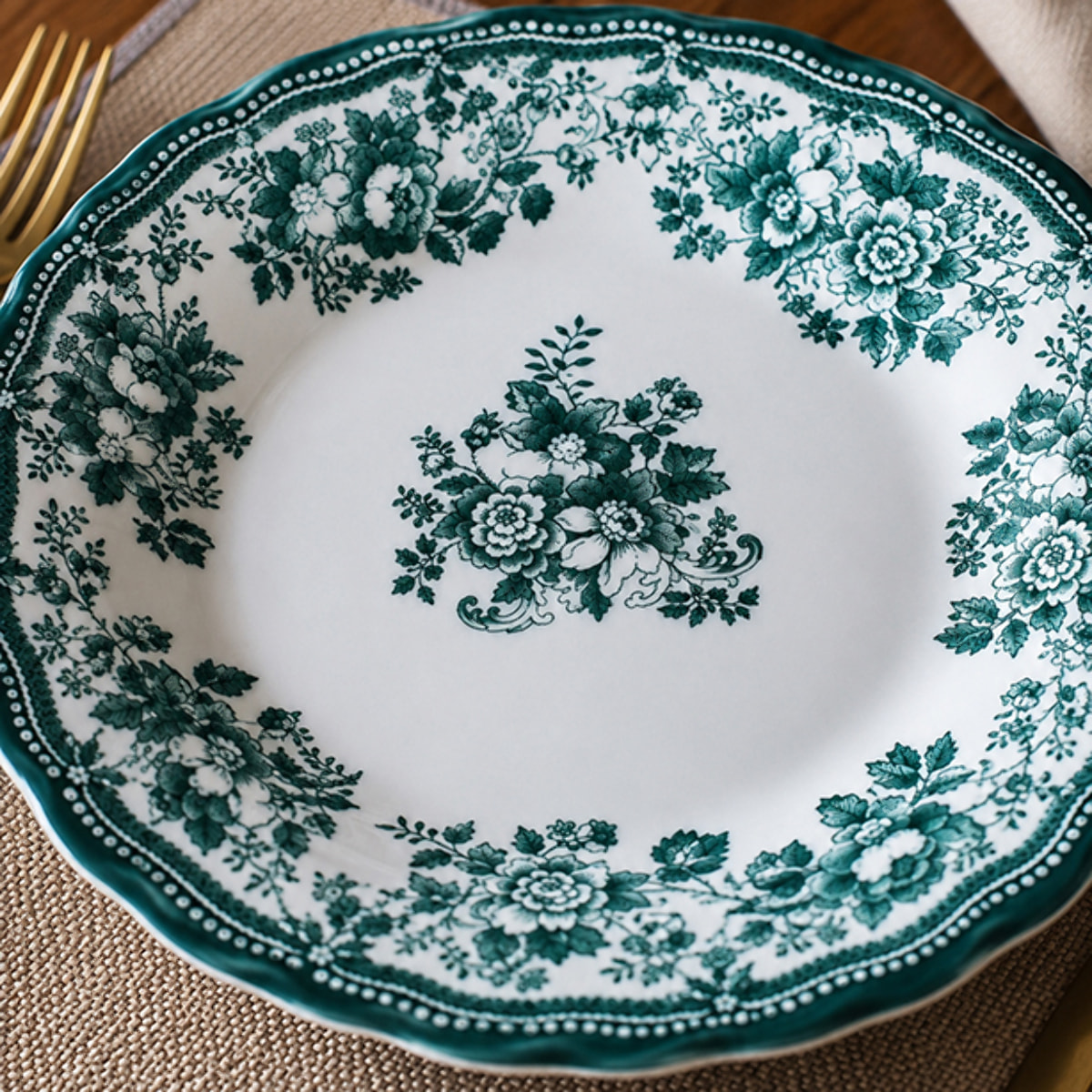 Lot de 6 assiettes plates fleuries en grès vert 26cm FAUSTINE