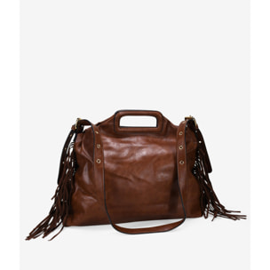 Bolso de mano cuero con flecos y asa de colgar