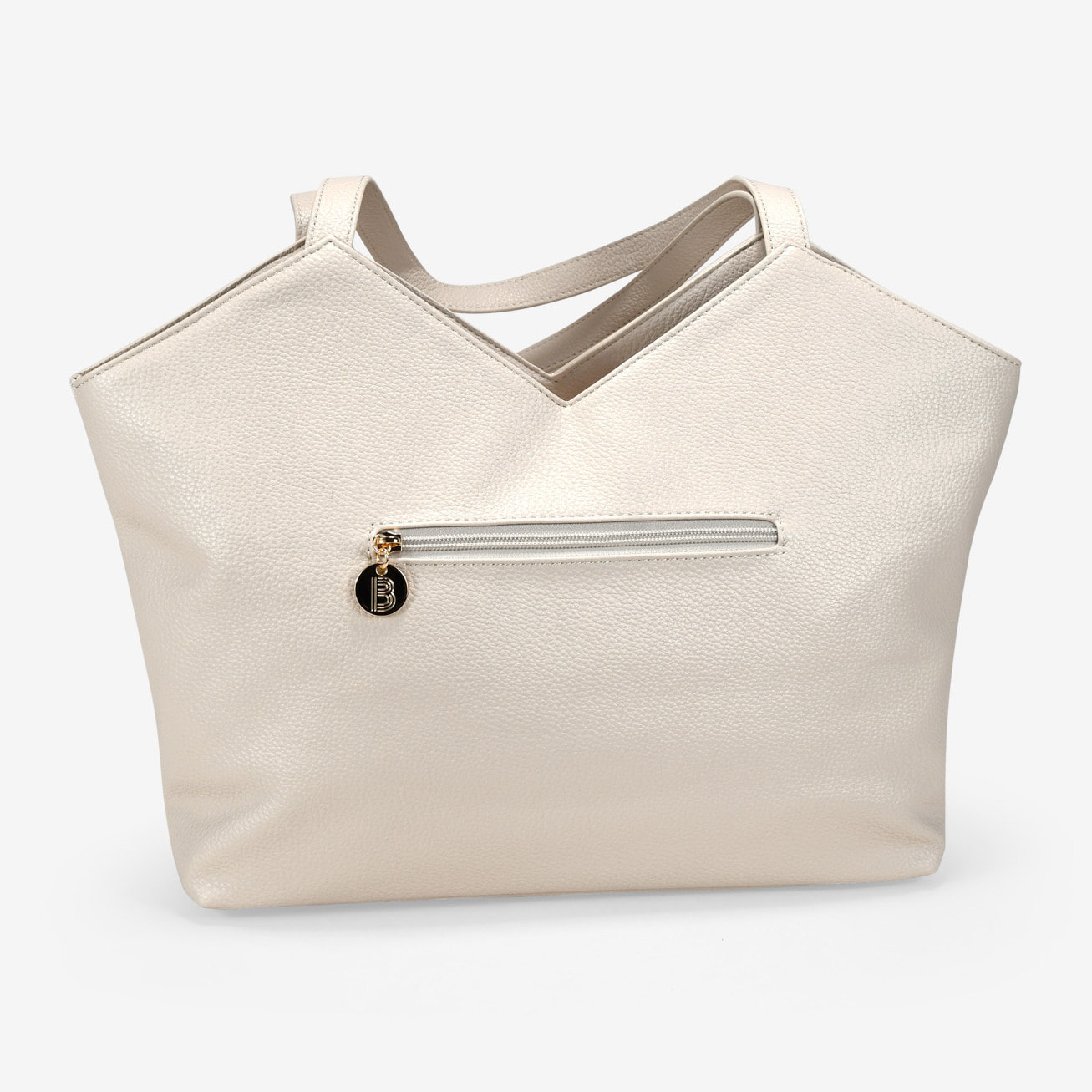 Bolso tote beige con tiras entrelazadas y cremallera