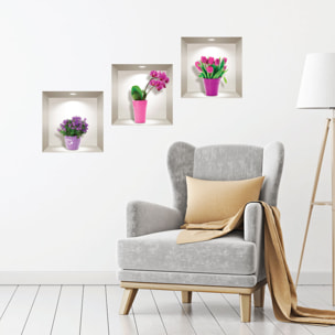 Stickers muraux 3D | Sticker Mural Autocollant effet 3D tulipes, orchidées et agapanthus - Stickers adhésifs 3D Chambre Salon Trompe l'oeil