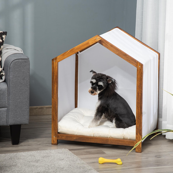 Niche d'intérieur pour chien en bois et tissu style cabane scandinave avec coussin moelleux