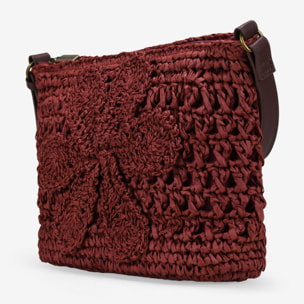 Bolso bandolera burdeos en rafia con flor