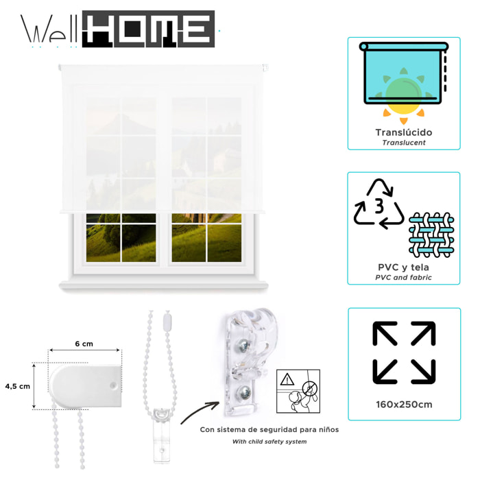 Well home estor enrollable translúcido liso - blanco, 160 x 250cm (ancho x largo)/tamaño de la tela 157 x 245cm