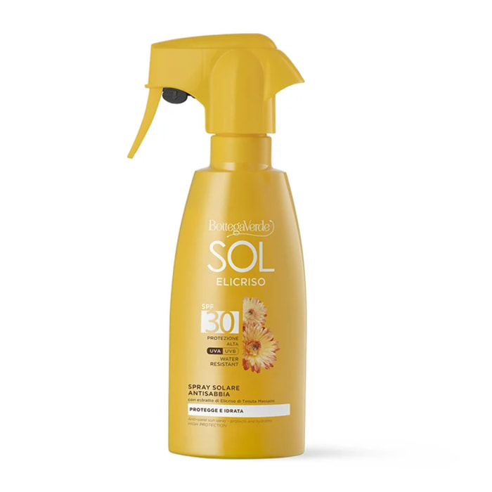 SOL Elicriso - Spray solare antisabbia - protegge e idrata - con estratto di Elicriso di Tenuta Massaini - SPF30 protezione alta - water resistant