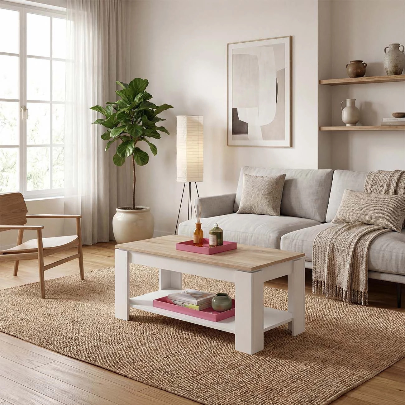 Mesa de centro elevable con almacenaje en blanco mate y roble canadian 102x43-54 cm Lya Blanco Artik (Blanco Mate) - Roble Canadian