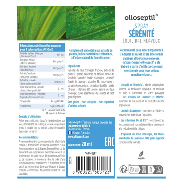 OLIOSEPTIL – Spray Sérénité – Complément alimentaire - Extraits de plantes, huiles essentielles & vitamines – Aide l'organisme à s'adapter à la fatigue nerveuse, stress émotionnel – Lot de 2