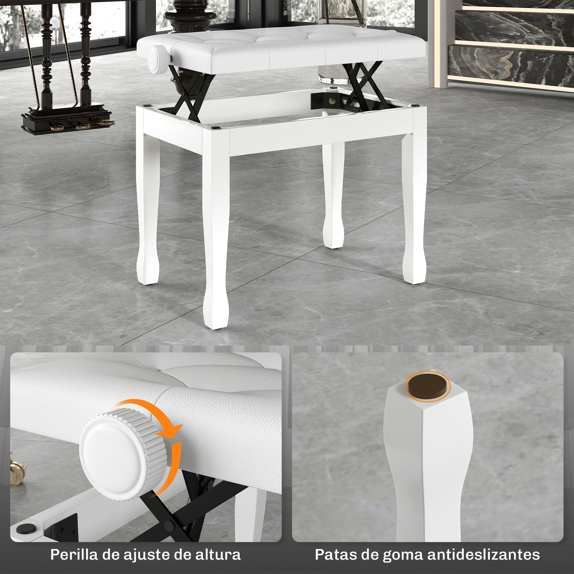 Banco de Piano, Altura Ajustable, Banqueta de Piano con Asiento de Cuero Sintético, Patas de Madera, Carga Máxima 200 kg, 64x35x55 cm, Blanco