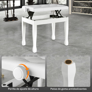 Banco de Piano, Altura Ajustable, Banqueta de Piano con Asiento de Cuero Sintético, Patas de Madera, Carga Máxima 200 kg, 64x35x55 cm, Blanco