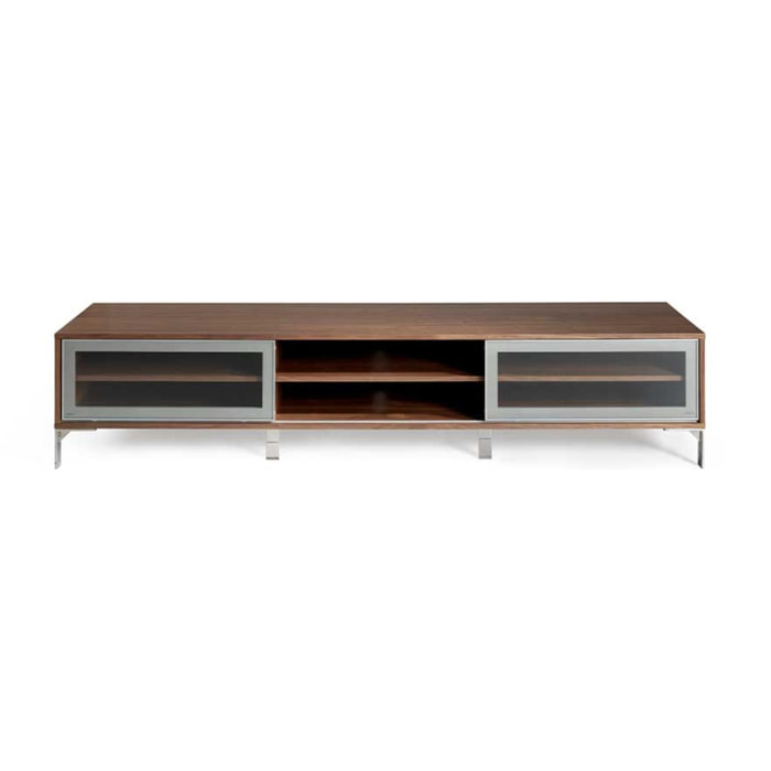 Mueble TV ARGEL - 2 estantes, puertas correderas cristal - nogal y plata - 240x55x50cm