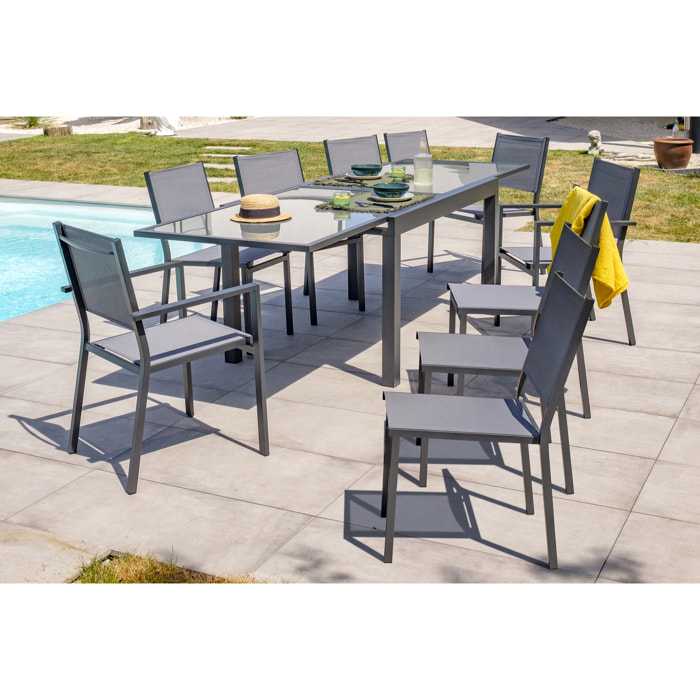 TOLEDE - Ensemble repas 10 places en aluminium anthracite et plateau verre