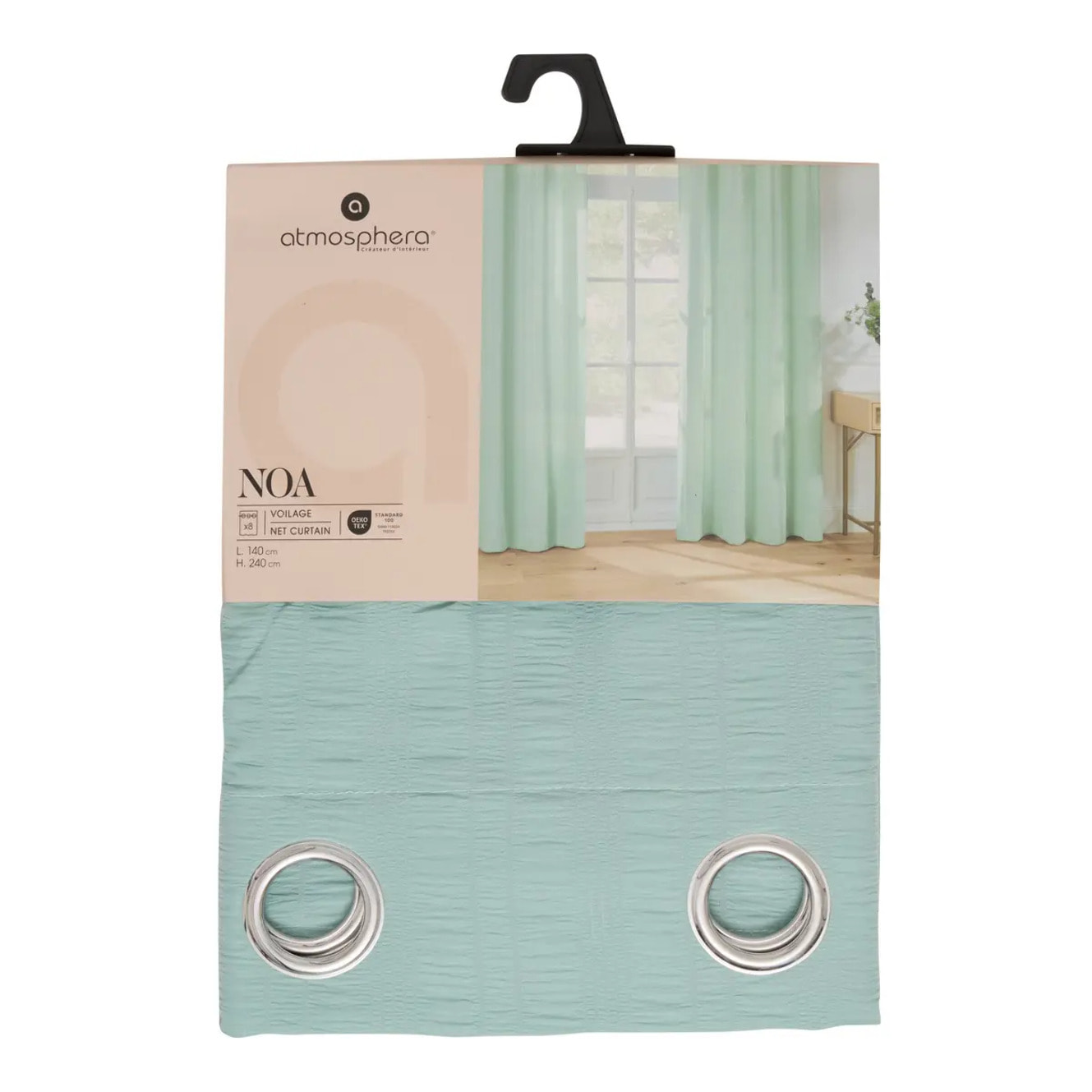 Voilage Noa motif rayures plissées140x240cm vert céladon