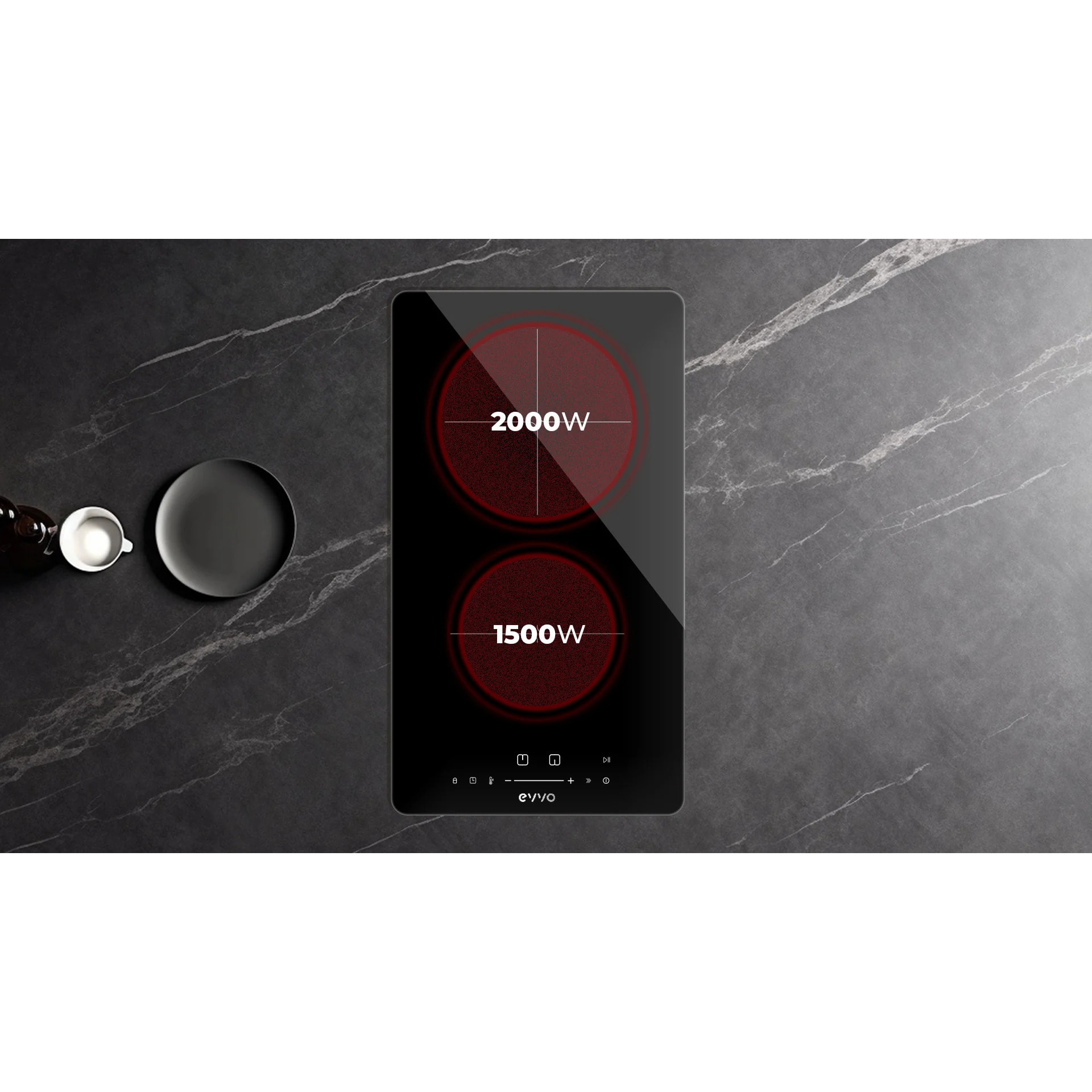 EVVO Placa Vitrocerámica 3 zonas de cocinado V60, Potencia máxima 5.700W, 9 niveles, máx diámetro 30 cm, control táctil, indicador de calor
