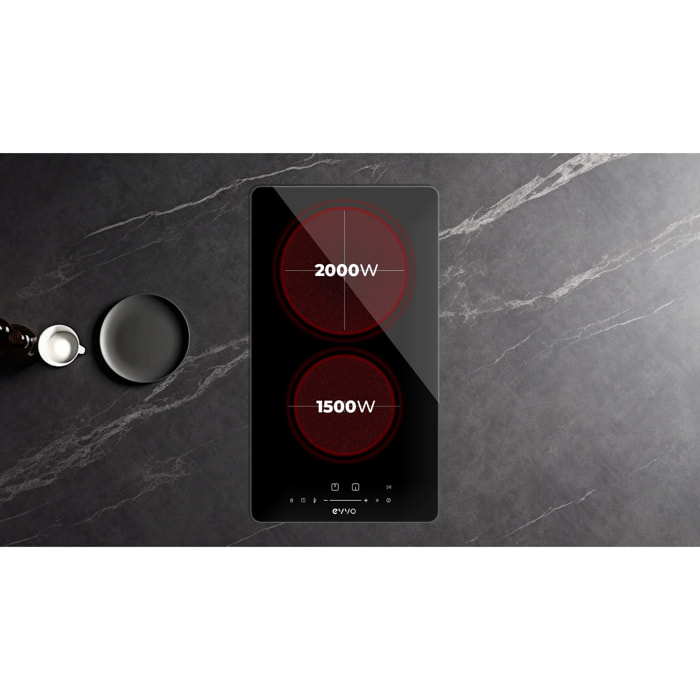 EVVO Placa Vitrocerámica 3 zonas de cocinado V60, Potencia máxima 5.700W, 9 niveles, máx diámetro 30 cm, control táctil, indicador de calor