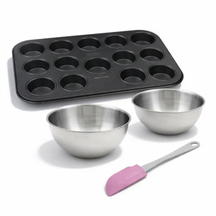 Lot comprenant 1 Moule à Muffins 12 empreintes, 1 spatule Zenker et 2 bols à mixer en inox Fackelmann