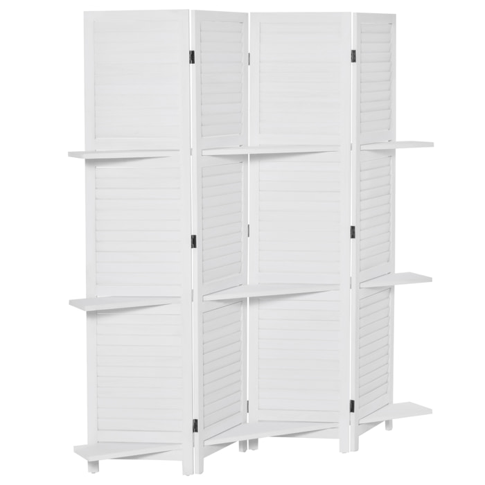 Paravent intérieur 4 panneaux 3 étagères pliables séparateur de pièce portes persiennes bois de paulownia blanc