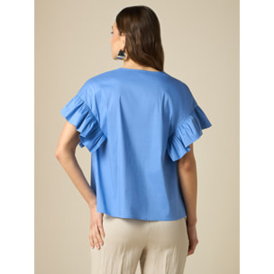 Oltre - Blusa in popeline con volant - Azzurro