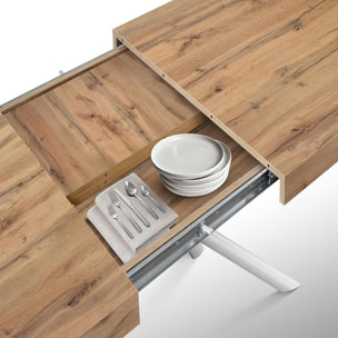 Tavolo CARRARA in legno, finitura rovere rustico e base in metallo verniciato bianco, allungabile 180×90 cm – 260×90 cm