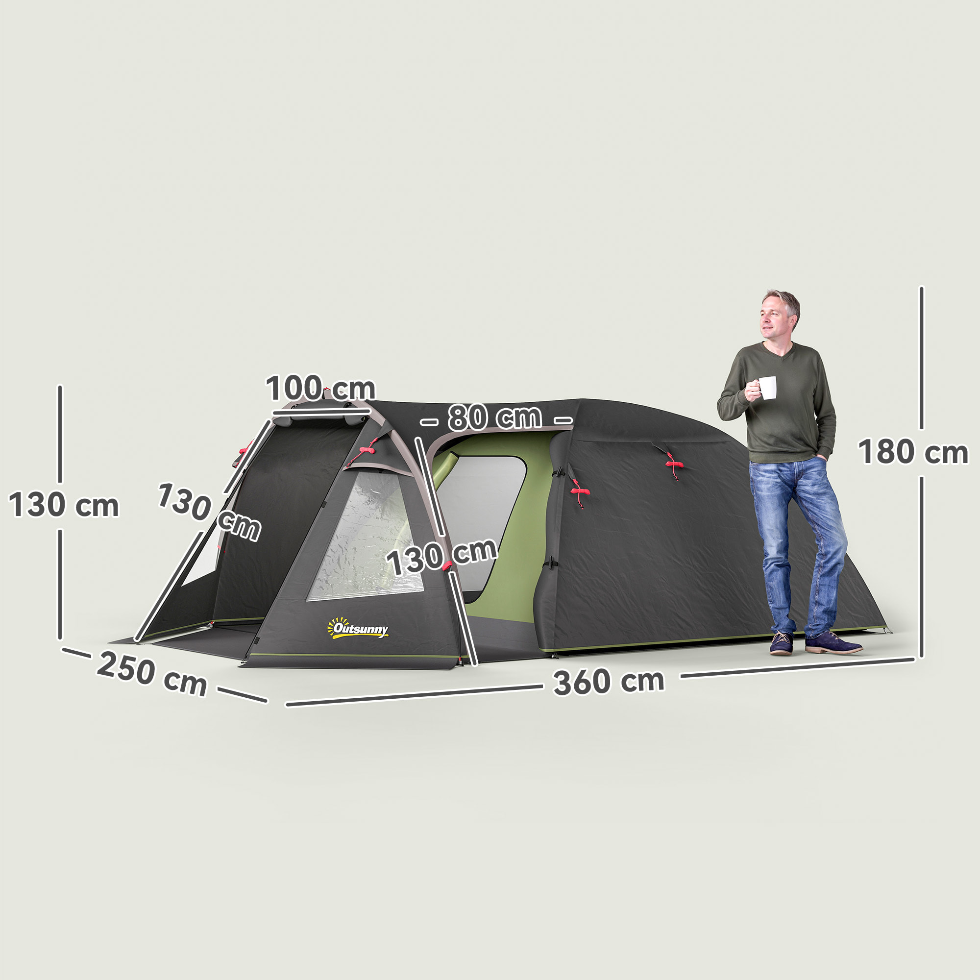 Tente camping 2-4 places - tente tunnel familiale - imperméabilité 3000mm - dim. 3,6 x 2,5 x 1,3 m - sac inclus - noir