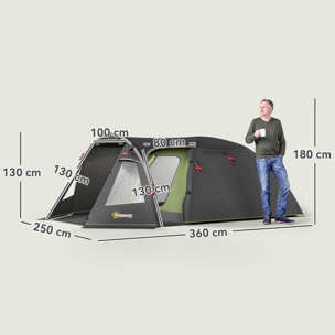 Tente camping 2-4 places - tente tunnel familiale - imperméabilité 3000mm - dim. 3,6 x 2,5 x 1,3 m - sac inclus - noir