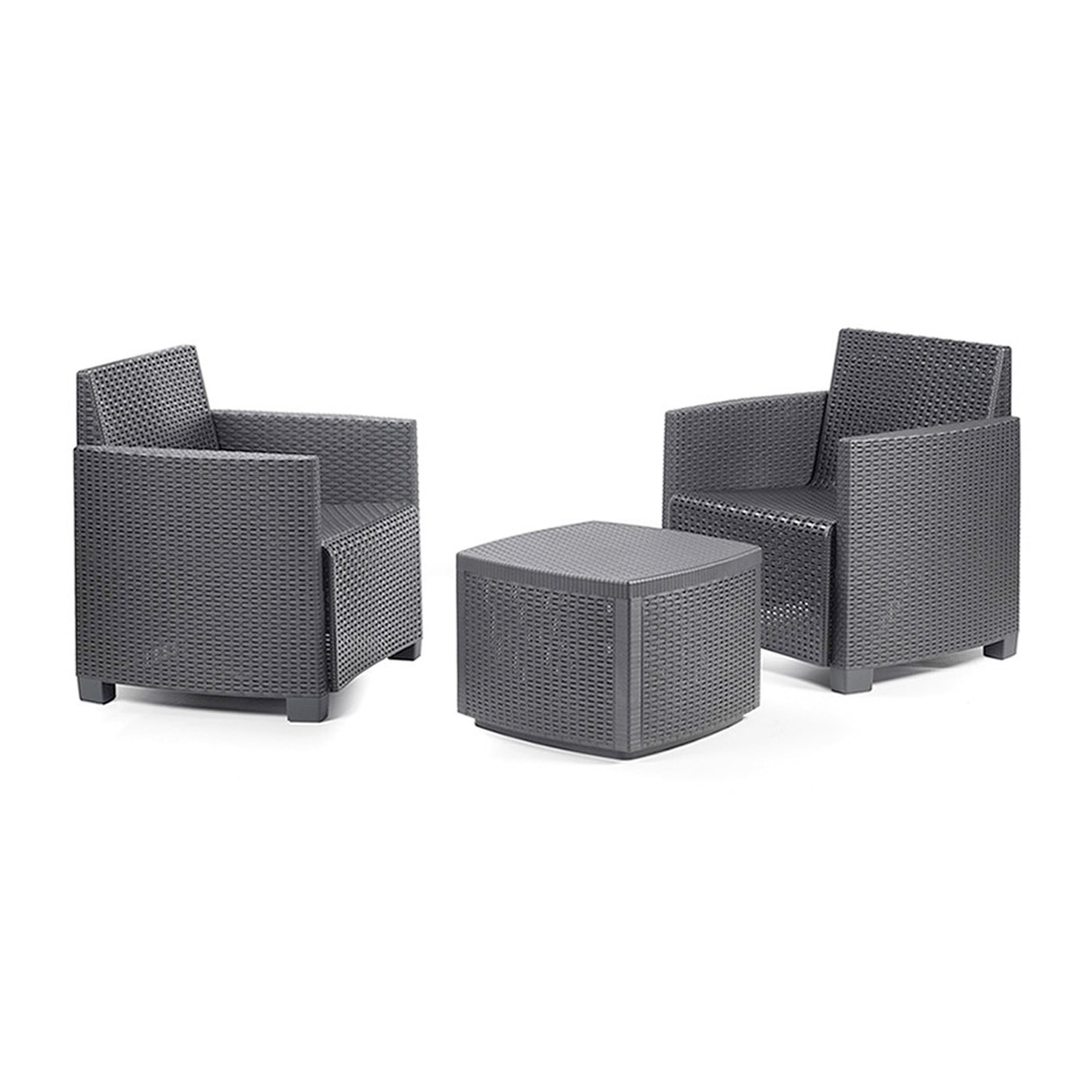 Trinacria - Salottino da giardino in polyrattan con 2 poltrone + tavolino contenitore antracite 2 cuscini color crema