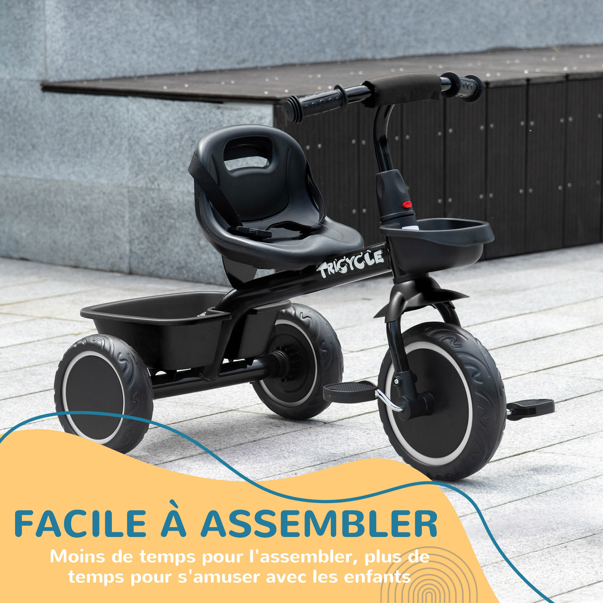 Tricycle pour enfant évolutif avec siège réglable - pédales - 2 paniers - ceinture - pour enfant de 2 à 5 ans - noir