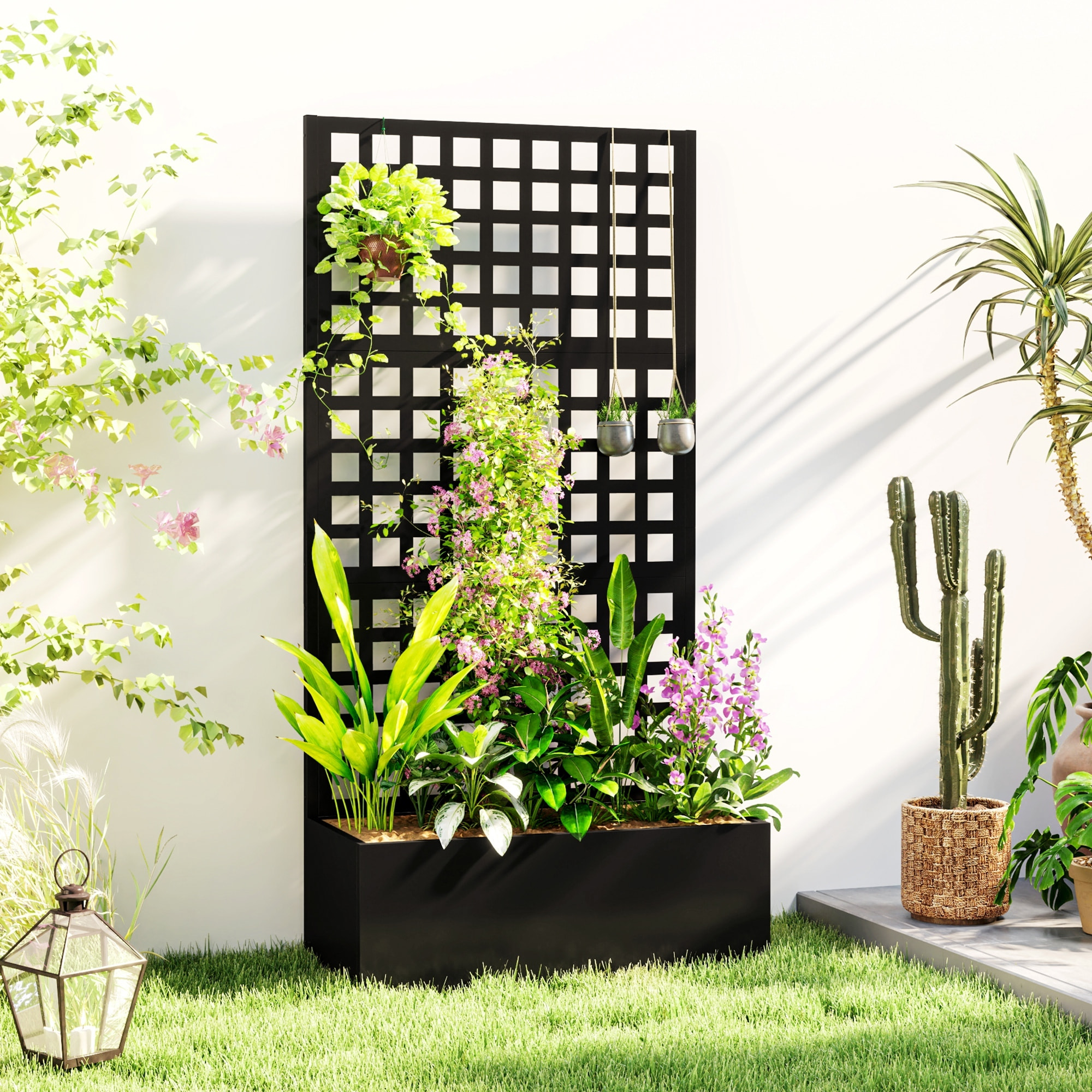 Jardinière treillis haut design - dim. 89 x 40 x 178 cm - acier thermolaqué noir