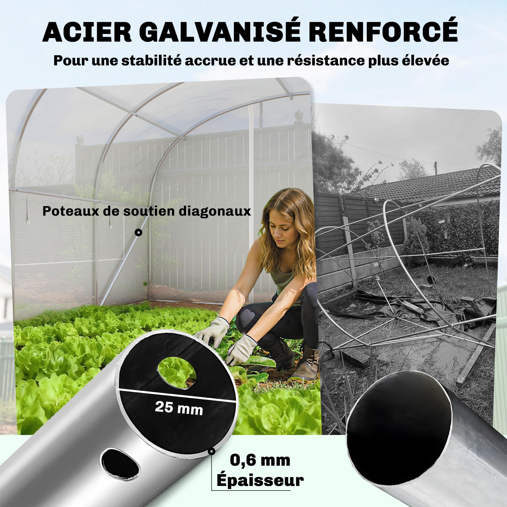 Serre tunnel de jardin 24m² 2 grandes fenêtres bâche PE 140 g/m² blanc