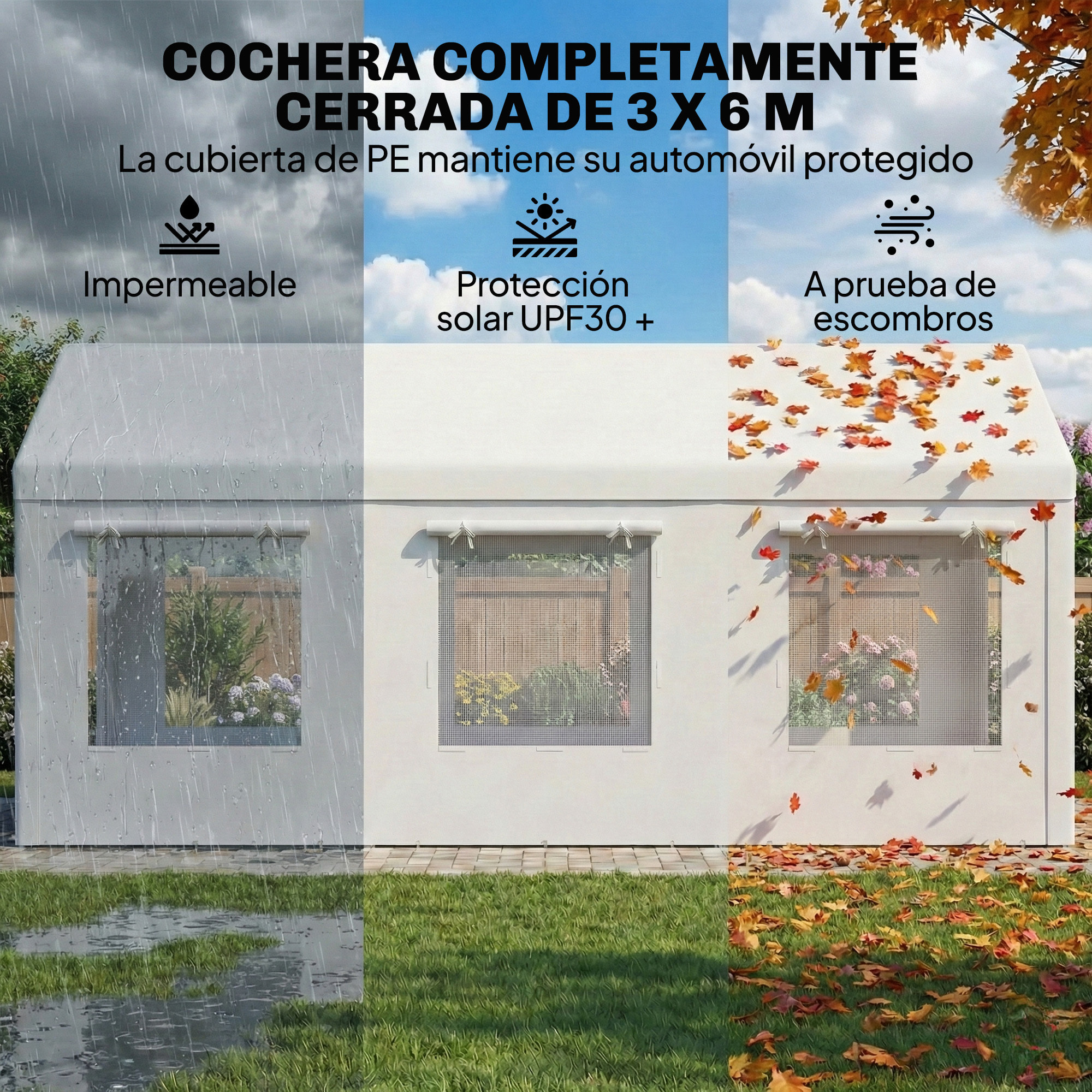Carpa Garaje Portátil 3x6 m, Garaje Exterior para Coche Impermeable con 2 Puertas Enrollables y 6 Ventanas, Altura Ajustable, Marco Acero Galvanizado, UPF30+, Cobertizo de Almacenaje, Blanco