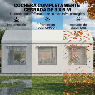 Carpa Garaje Portátil 3x6 m, Garaje Exterior para Coche Impermeable con 2 Puertas Enrollables y 6 Ventanas, Altura Ajustable, Marco Acero Galvanizado, UPF30+, Cobertizo de Almacenaje, Blanco