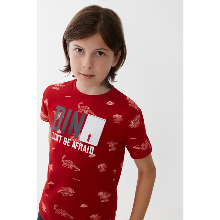 Camiseta Niño 100 % Algodón Manga Corta, Estampado Dinosaurios “Don’t Be Afraid”, Color Rojo Vivo, Tejido Suave y Transpirable | Color: Rojo | Street Monkey